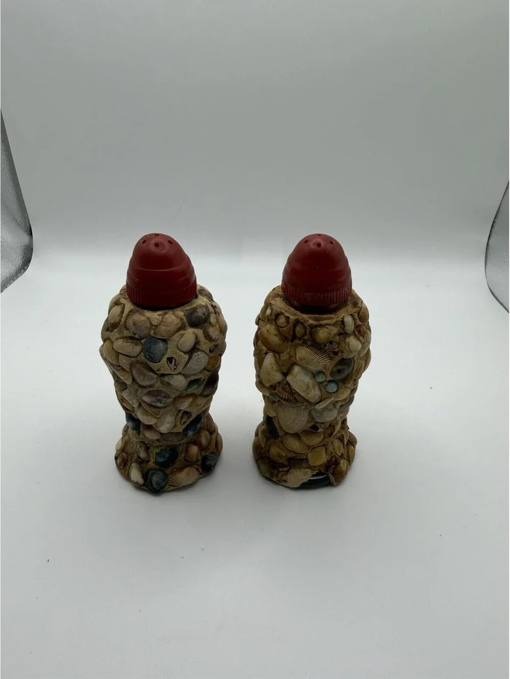 Vintage Florida Seashell Covered Glass Salt & Pepper Shakers Beach Retro